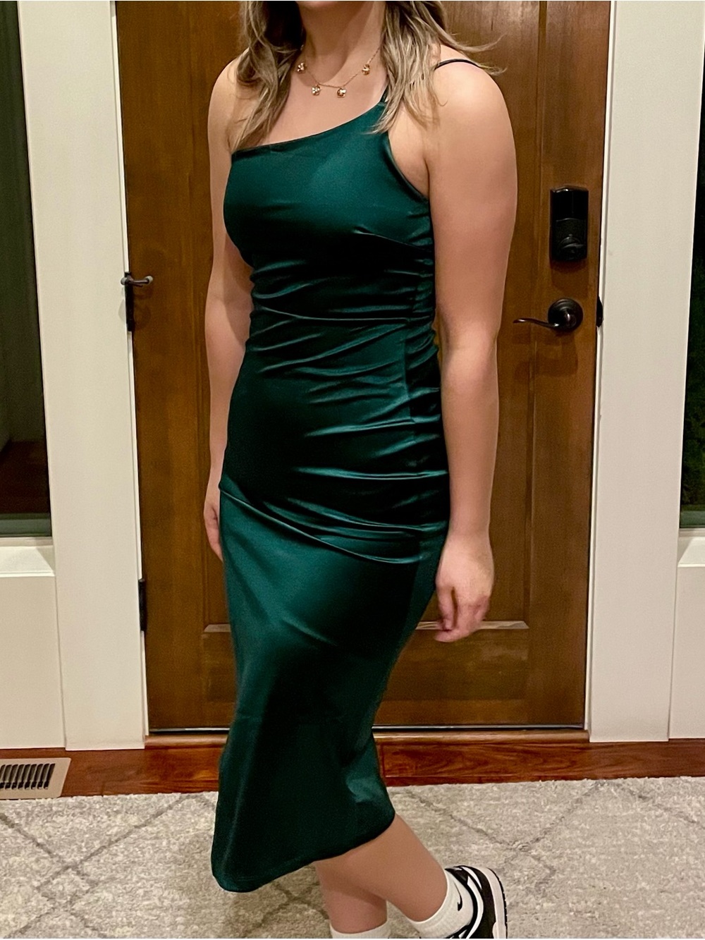 Windsor One-Shoulder Emerald Green Satin Midi Dress